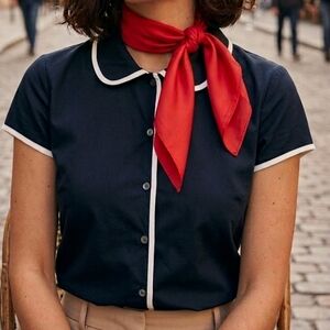 GAP | French Navy Crisp Cotton Blouse With White Trim - Sz M